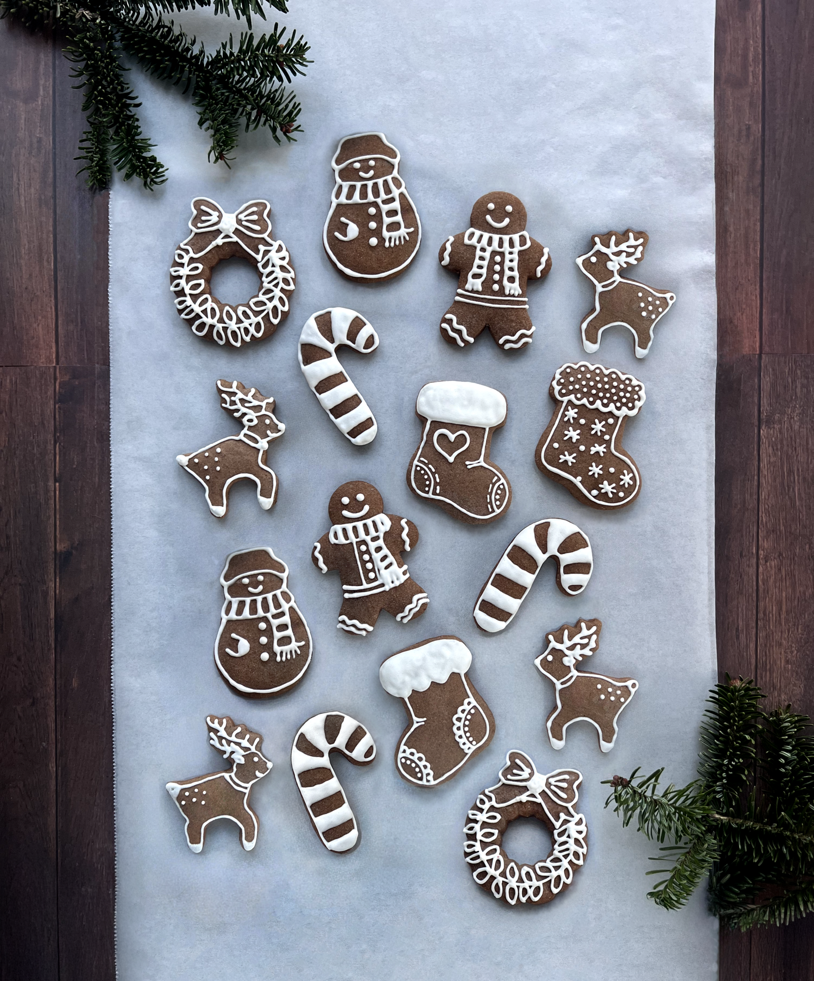 Simple gingerbread biscuits with clean, minimal decoration