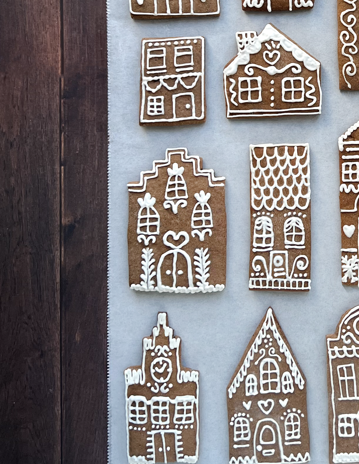 Gingerbread house biscuits, close-up detail